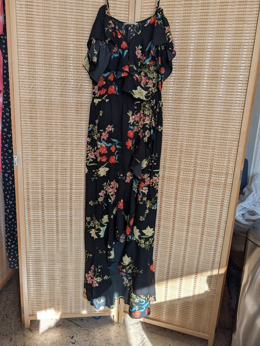 Indulge Asymmetrical Black Floral Midi Dress with Multicolor Blooms